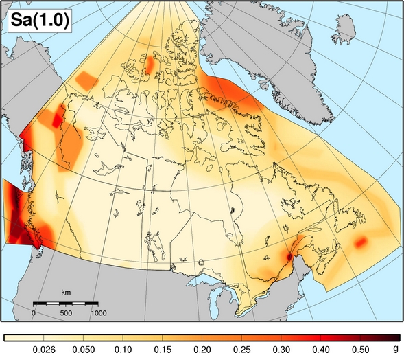 2010 NBCC seismic hazard map - Sa(1.0)