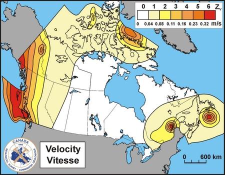 Carte de la vitesse horizontale maximale du sol au Canada