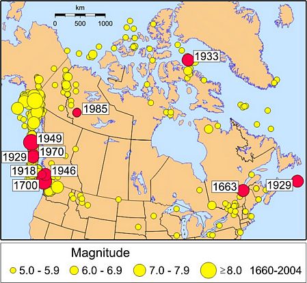 Carte de sismicit&eacute; du Canada avec les 10 plus grands &eacute;v&eacute;nements surlign&eacute;s