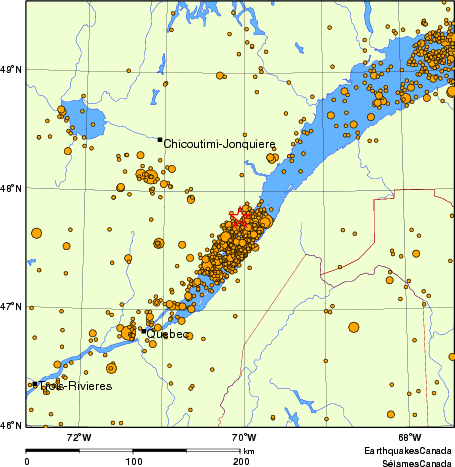carte des des séismes de magnitude 2,0 et plus depuis 2000