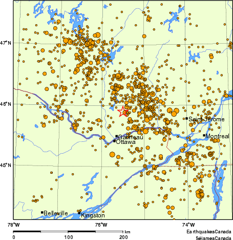 carte des des s&eacute;ismes de magnitude 2,0 et plus depuis 1980