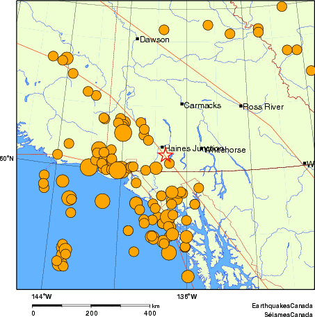 carte des s&eacute;ismes historiques de magnitude 5,0 et plus.  Détails dans le tableau de données ci-dessous