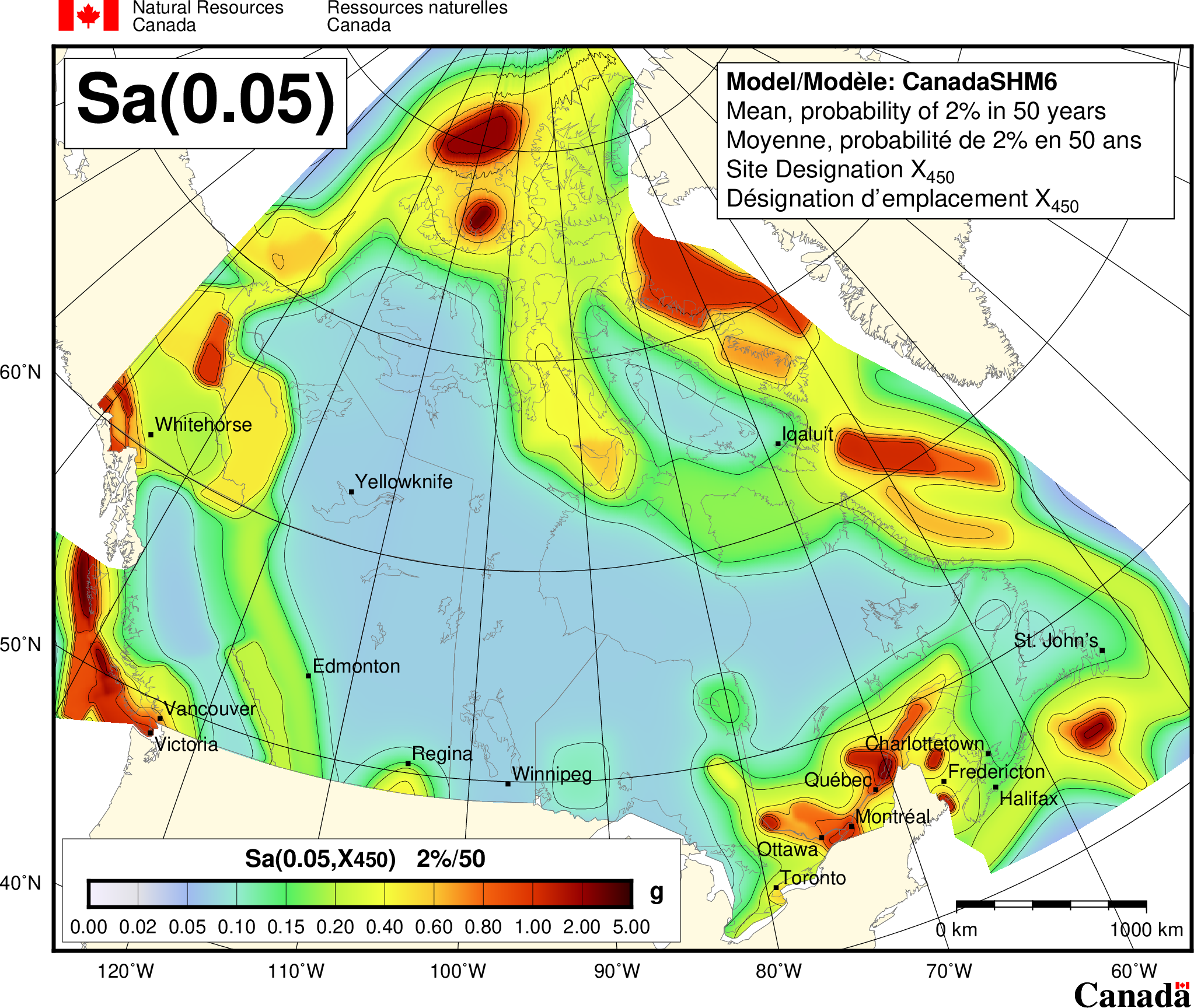 Carte de l'aléa sismique du CNBC 2020 - Sa(0.05)