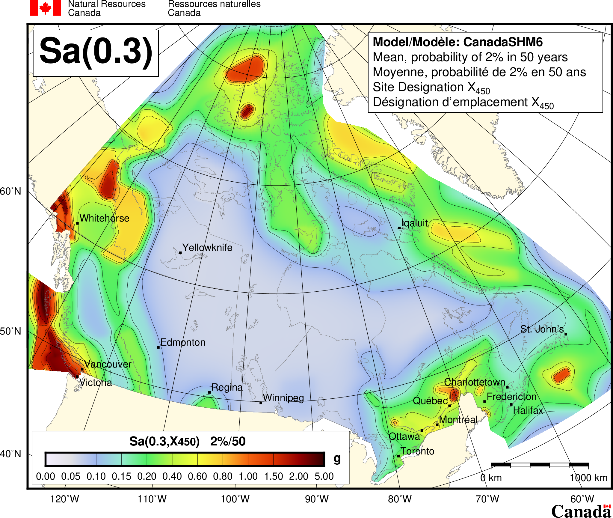 Carte de l'aléa sismique du CNBC 2020 - Sa(0.3)