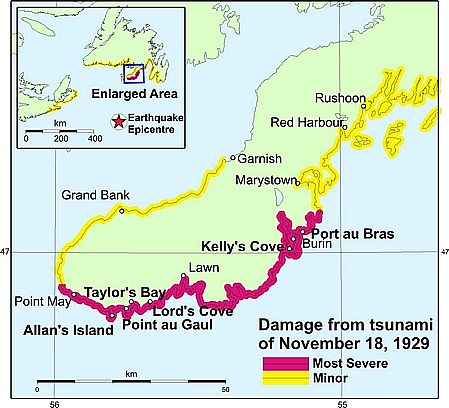 Detail map of damage to the Burin peninsula