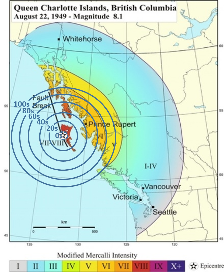1949 map: Magnitude 8.1 earthquake with theoretical warning times