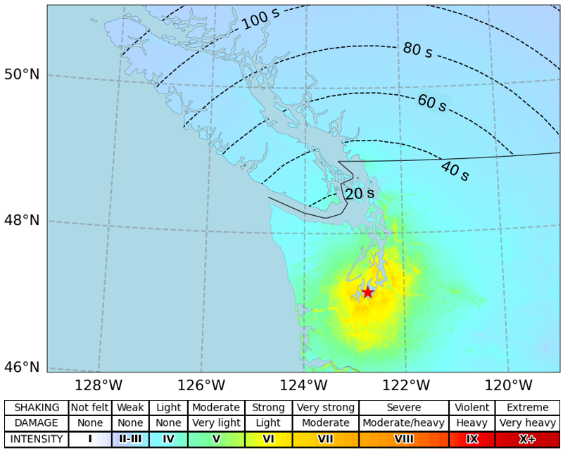 map of theoretical warning times for location of Nisqually earthquake (red star)