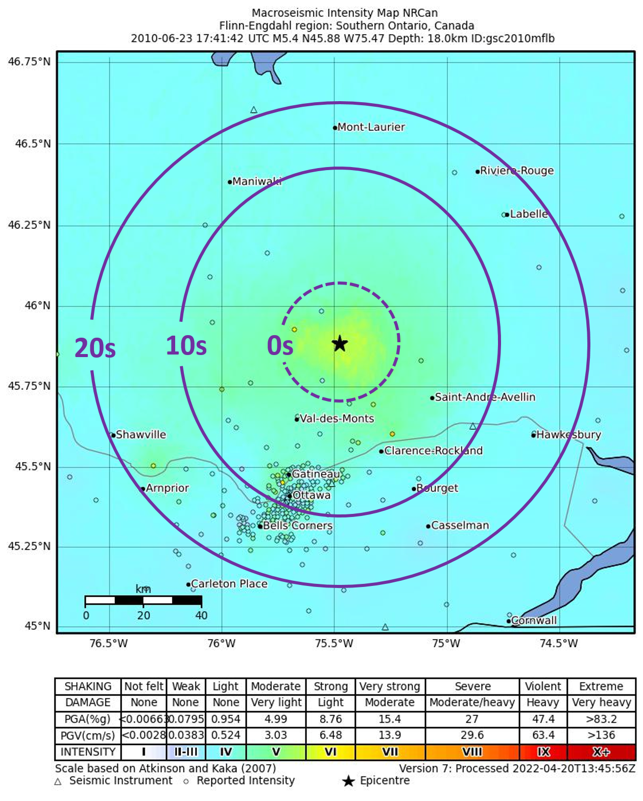 map of warning times from an earthquake near Val-des-Bois
