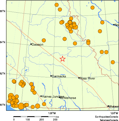 carte des séismes historiques de magnitude 5,0 et plus.  Détails dans le tableau de données ci-dessous