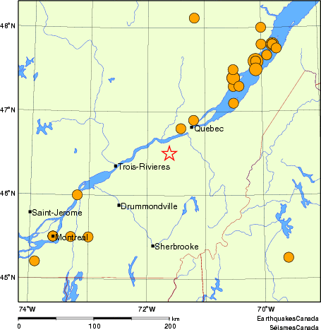 carte des séismes historiques de magnitude 5,0 et plus. Détails dans le tableau de données ci-dessous