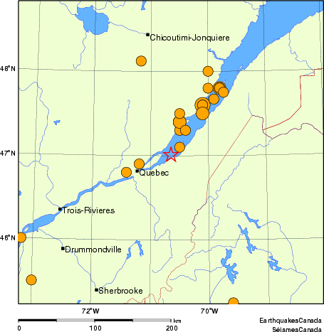 carte des séismes historiques de magnitude 5,0 et plus. Détails dans le tableau de données ci-dessous