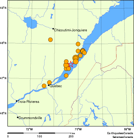 carte des séismes historiques de magnitude 5,0 et plus. Détails dans le tableau de données ci-dessous