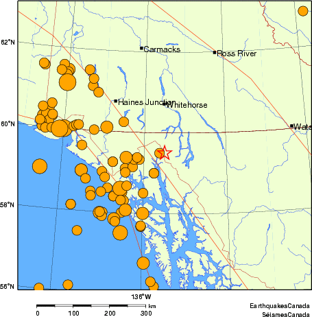 carte des séismes historiques de magnitude 5,0 et plus.  Détails dans le tableau de données ci-dessous