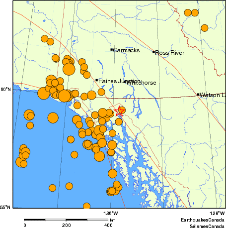 carte des séismes historiques de magnitude 5,0 et plus. Détails dans le tableau de données ci-dessous