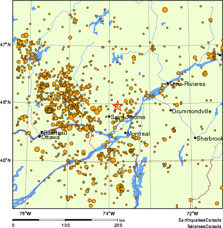 carte des des séismes de magnitude 2,0 et plus depuis 2000