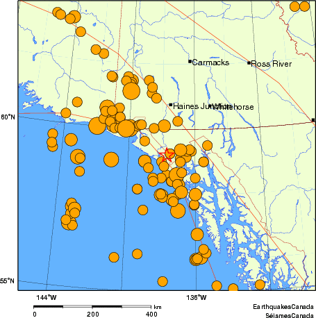 carte des séismes historiques de magnitude 5,0 et plus. Détails dans le tableau de données ci-dessous