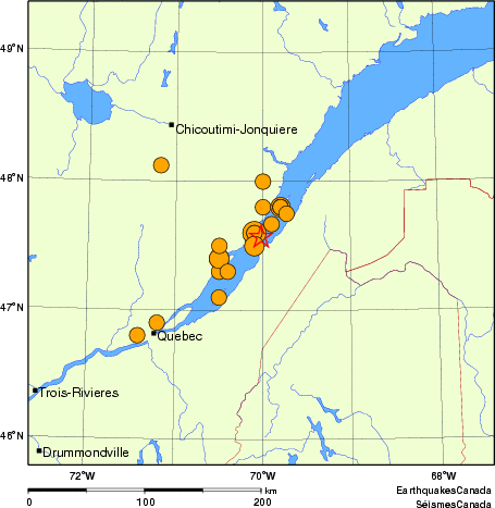 carte des séismes historiques de magnitude 5,0 et plus. Détails dans le tableau de données ci-dessous