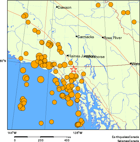 carte des séismes historiques de magnitude 5,0 et plus. Détails dans le tableau de données ci-dessous