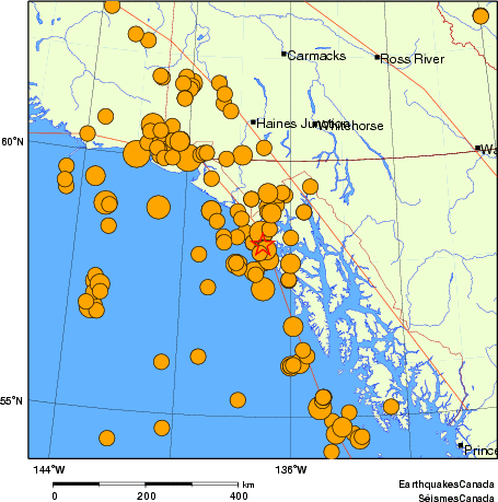 carte des séismes historiques de magnitude 5,0 et plus. Détails dans le tableau de données ci-dessous