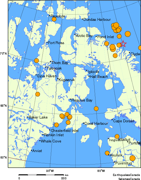 carte des séismes historiques de magnitude 5,0 et plus. Détails dans le tableau de données ci-dessous