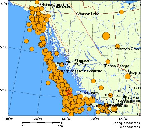 carte des séismes historiques de magnitude 5,0 et plus. Détails dans le tableau de données ci-dessous