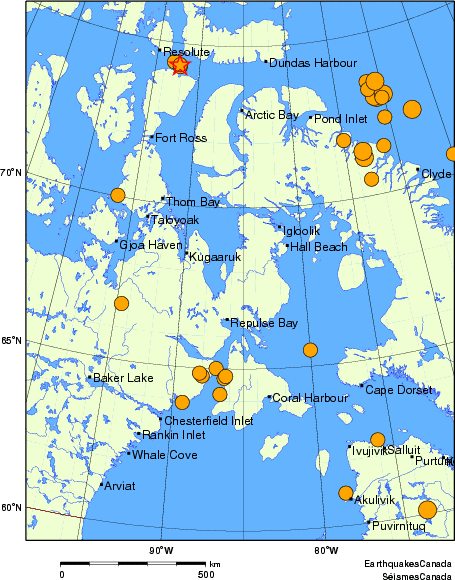 carte des séismes historiques de magnitude 5,0 et plus. Détails dans le tableau de données ci-dessous