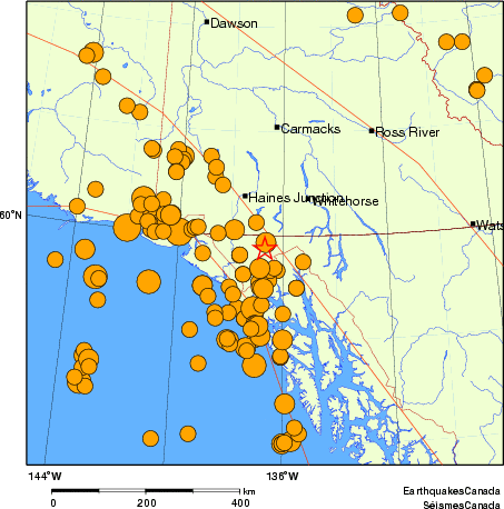 carte des séismes historiques de magnitude 5,0 et plus. Détails dans le tableau de données ci-dessous