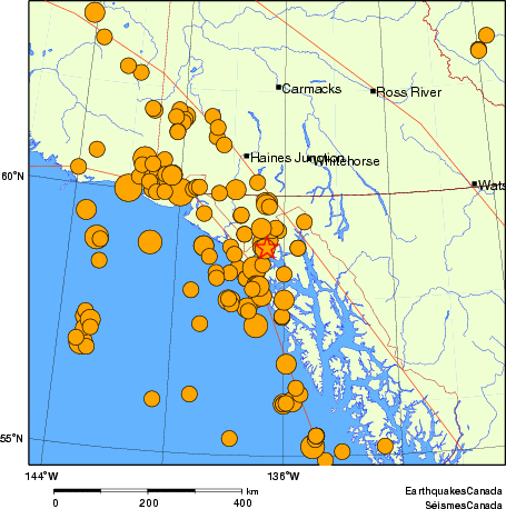 carte des séismes historiques de magnitude 5,0 et plus.  Détails dans le tableau de données ci-dessous