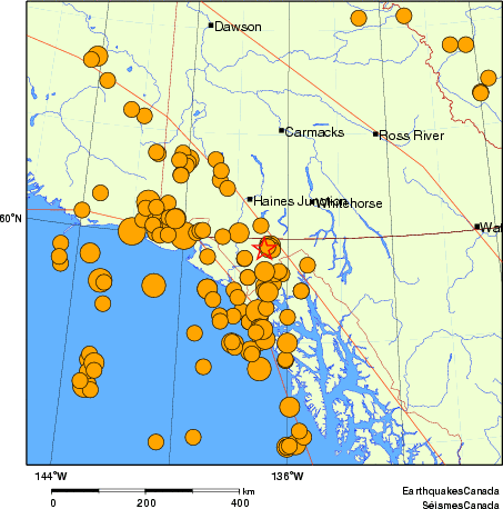 carte des séismes historiques de magnitude 5,0 et plus. Détails dans le tableau de données ci-dessous
