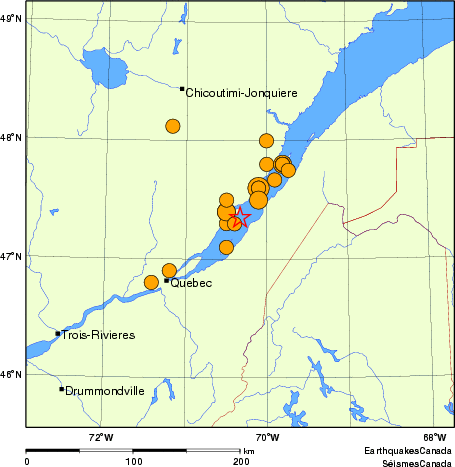 carte des séismes historiques de magnitude 5,0 et plus. Détails dans le tableau de données ci-dessous