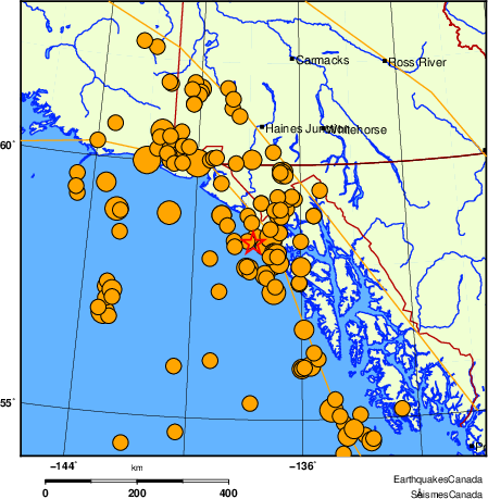 carte des séismes historiques de magnitude 5,0 et plus.  Détails dans le tableau de données ci-dessous