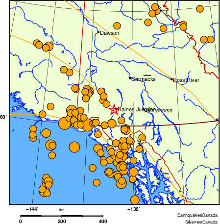 carte des séismes historiques de magnitude 5,0 et plus.  Détails dans le tableau de données ci-dessous