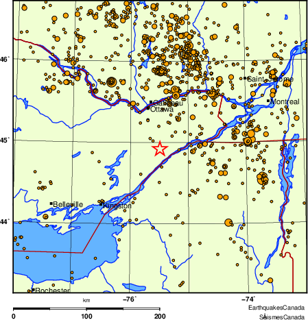 carte des des séismes de magnitude 2,0 et plus depuis 2000