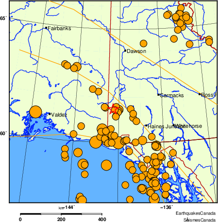 carte des séismes historiques de magnitude 5,0 et plus. Détails dans le tableau de données ci-dessous