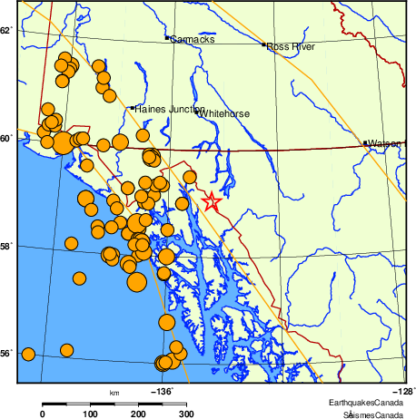 carte des séismes historiques de magnitude 5,0 et plus. Détails dans le tableau de données ci-dessous