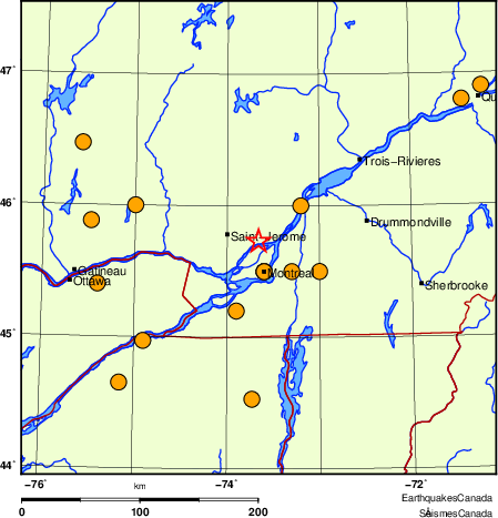 carte des séismes historiques de magnitude 5,0 et plus.  Détails dans le tableau de données ci-dessous