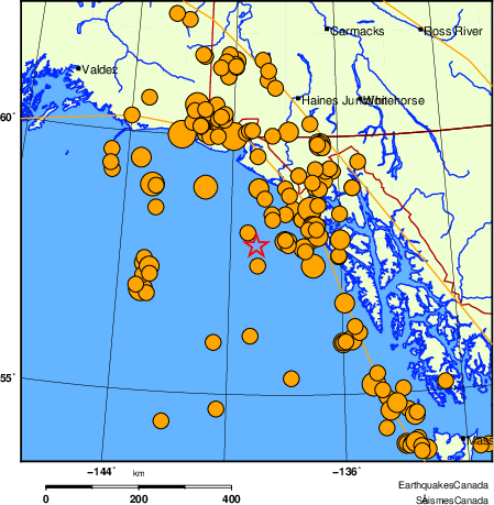 carte des séismes historiques de magnitude 5,0 et plus. Détails dans le tableau de données ci-dessous