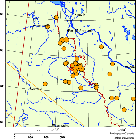 carte des séismes historiques de magnitude 5,0 et plus.  Détails dans le tableau de données ci-dessous