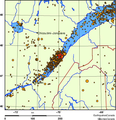 carte des des séismes de magnitude 2,0 et plus depuis 2000