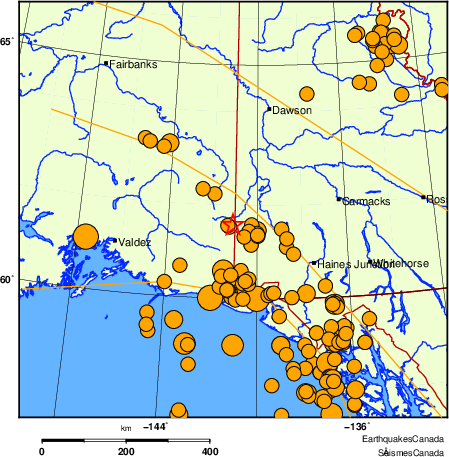 carte des séismes historiques de magnitude 5,0 et plus.  Détails dans le tableau de données ci-dessous