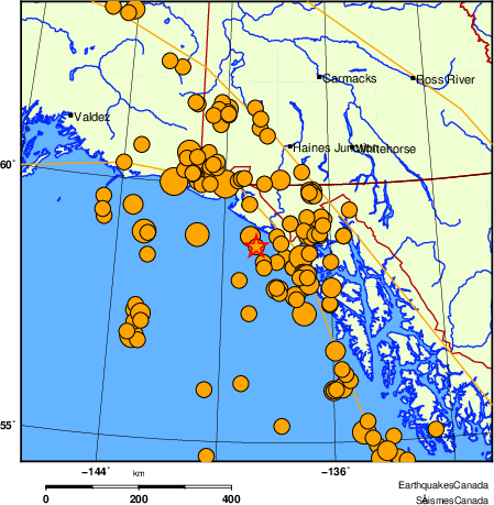 carte des séismes historiques de magnitude 5,0 et plus.  Détails dans le tableau de données ci-dessous