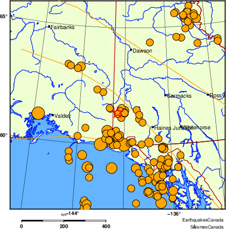 carte des séismes historiques de magnitude 5,0 et plus.  Détails dans le tableau de données ci-dessous