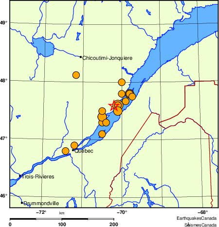 carte des séismes historiques de magnitude 5,0 et plus.  Détails dans le tableau de données ci-dessous