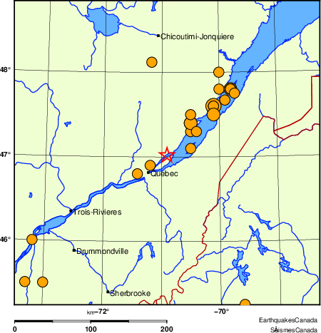 carte des séismes historiques de magnitude 5,0 et plus.  Détails dans le tableau de données ci-dessous