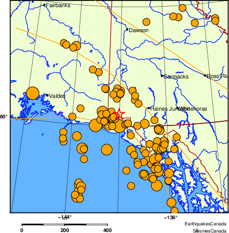 carte des séismes historiques de magnitude 5,0 et plus. Détails dans le tableau de données ci-dessous