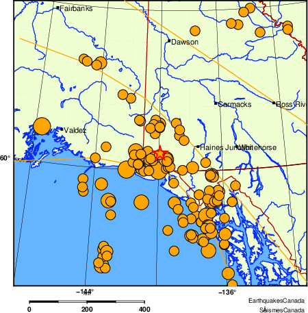 Map of historical earthquakes magnitude 5.0 and larger. Details in the data table below