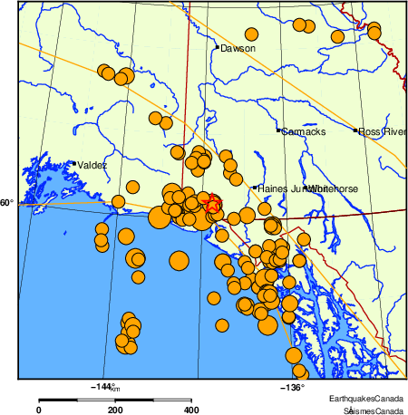 carte des séismes historiques de magnitude 5,0 et plus. Détails dans le tableau de données ci-dessous