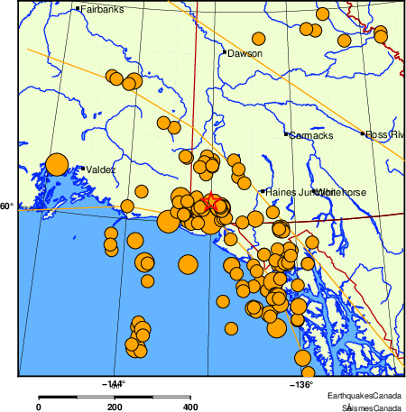 carte des s&eacute;ismes historiques de magnitude 5,0 et plus.  Détails dans le tableau de données ci-dessous