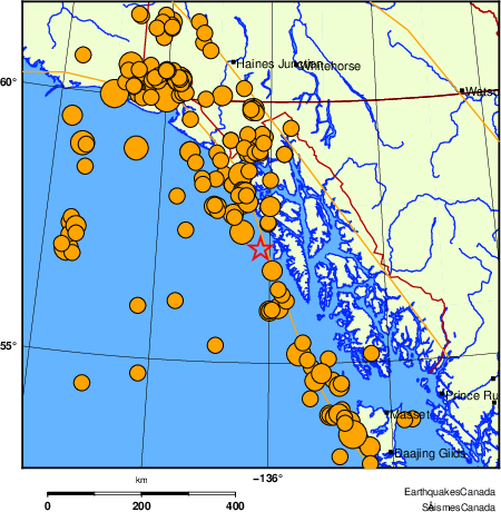 carte des s&eacute;ismes historiques de magnitude 5,0 et plus.  Détails dans le tableau de données ci-dessous