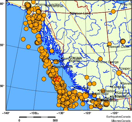 Map of historical earthquakes magnitude 5.0 and larger.  Details in the data table below